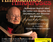 Foto: Peter Faerber sitzt in einem großen Lederstuhl und liest aus einem großen, alten Buch vor